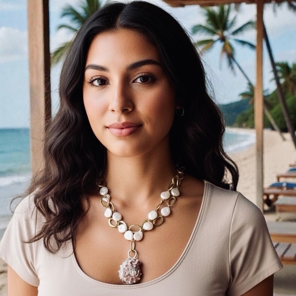 Hand Crafted Jewelry - Conch Shell & White Keshi Teardrop Pearl Necklace With Artisan Silver Metalwork